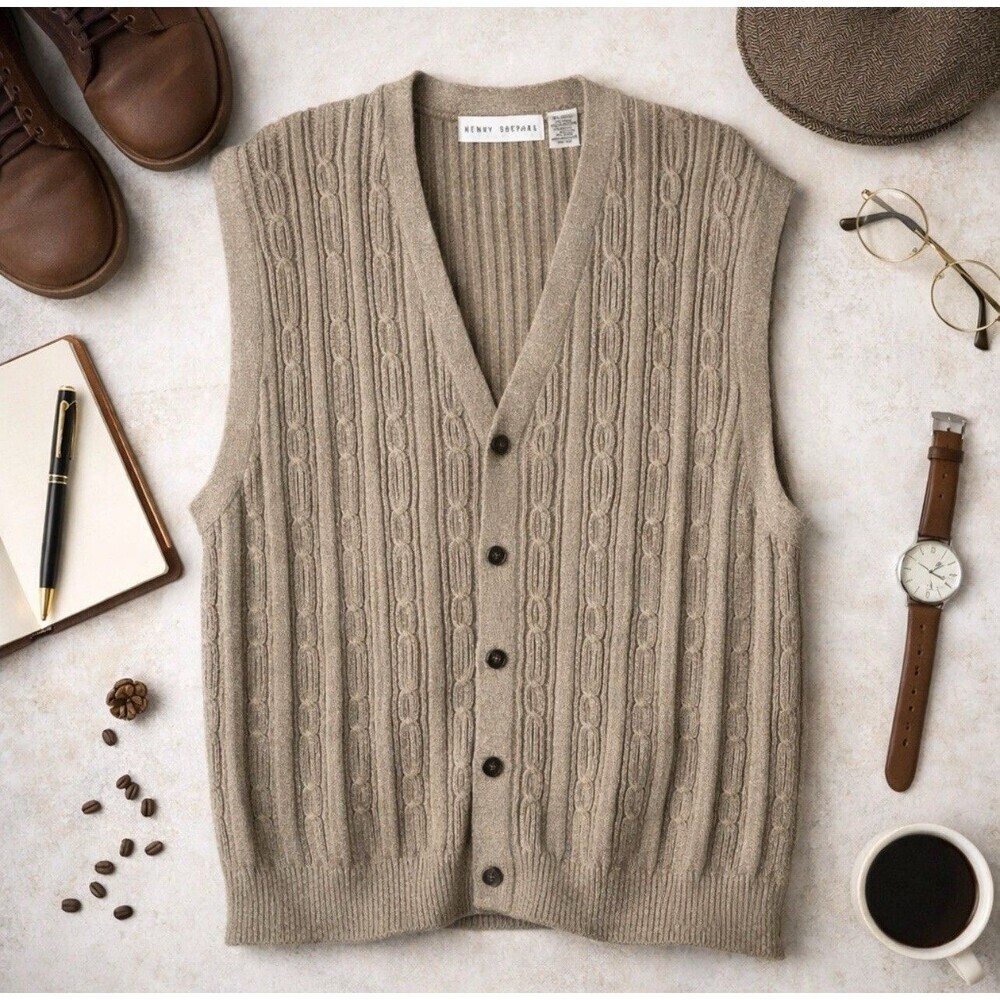 VTG HENRY GRETHEL Sweater Vest Mens XL Knitted Tan Yarn Button Up Grandpa